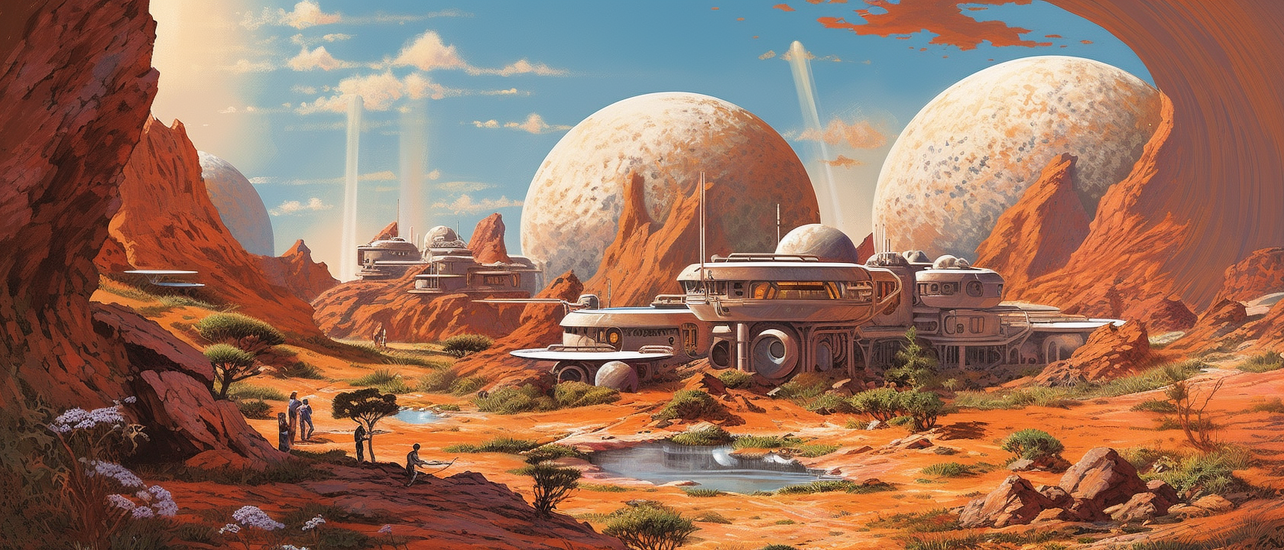 a landscape with a city and planets