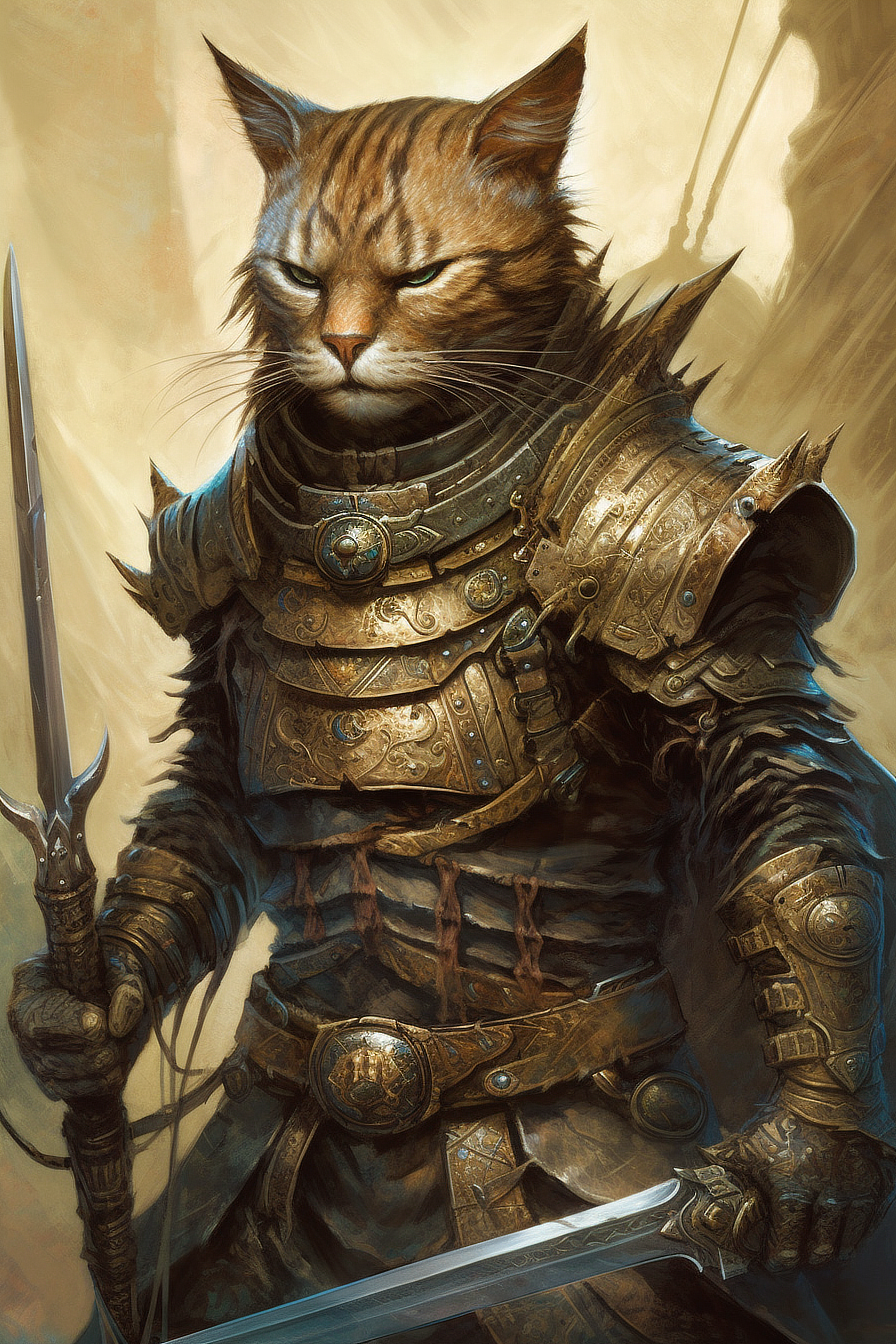 a cat in armor holding a sword