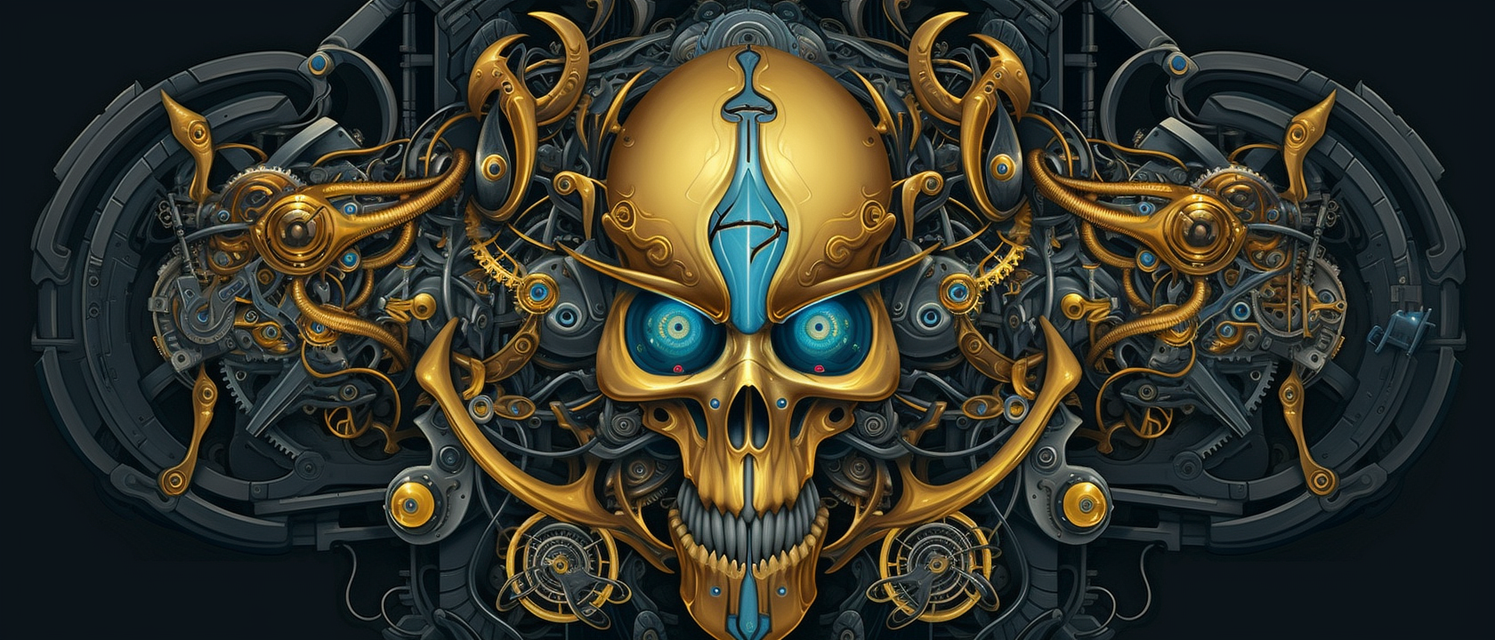 a gold and blue skull with blue eyes