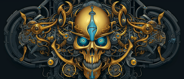 a gold and blue skull with blue eyes