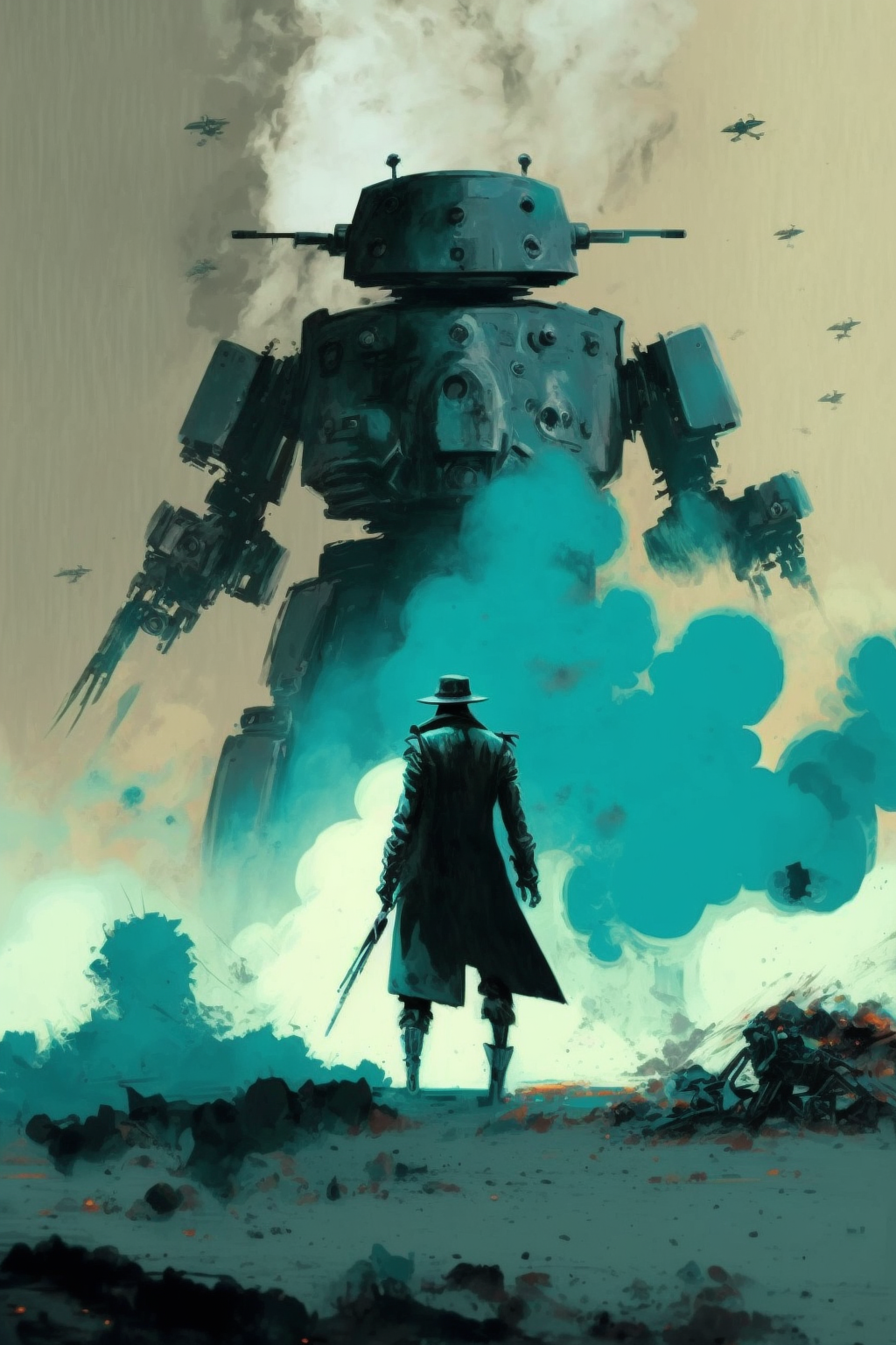 a man standing in front of a large robot
