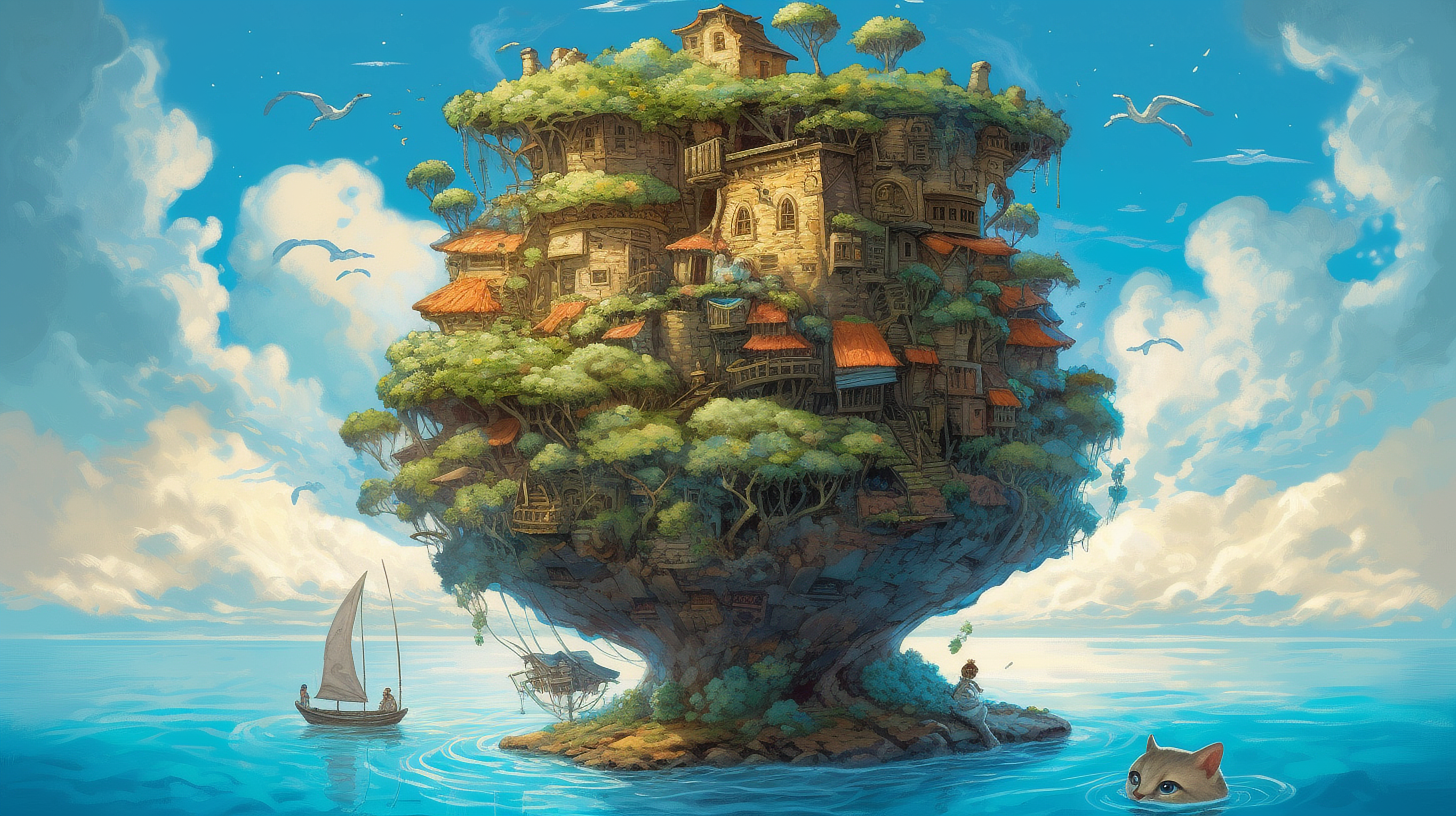 a cartoon of a small island with houses and boats in the water