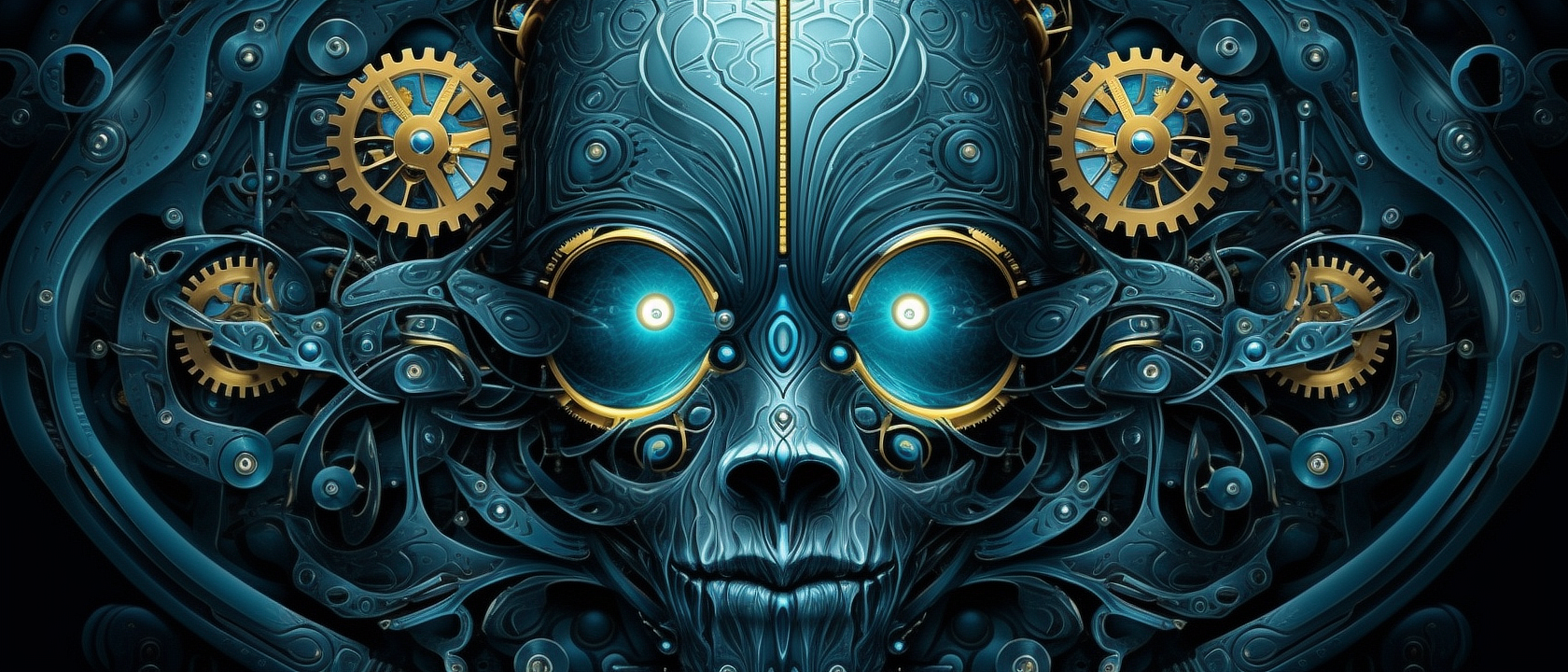 a blue and gold metal face with gears