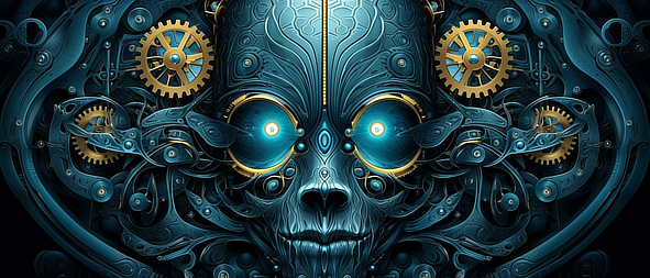 a blue and gold metal face with gears