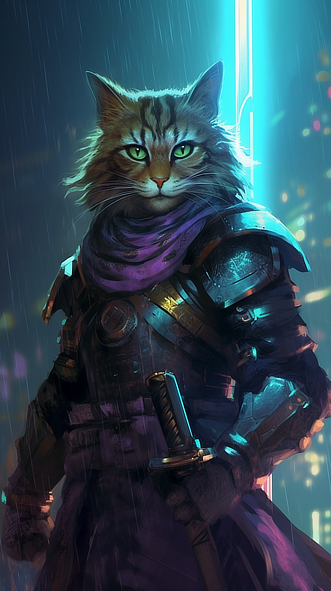 a cat in armor holding a sword