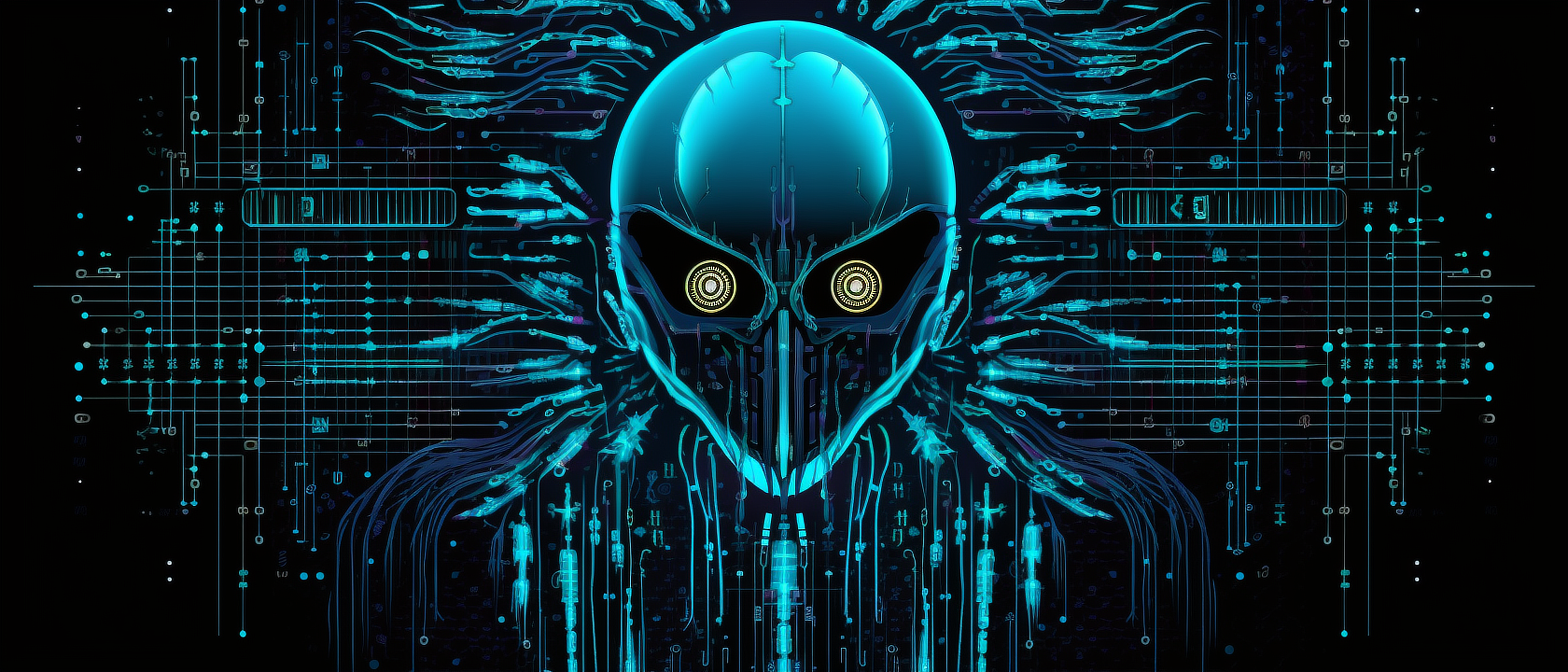 a blue skull with glowing eyes and wires