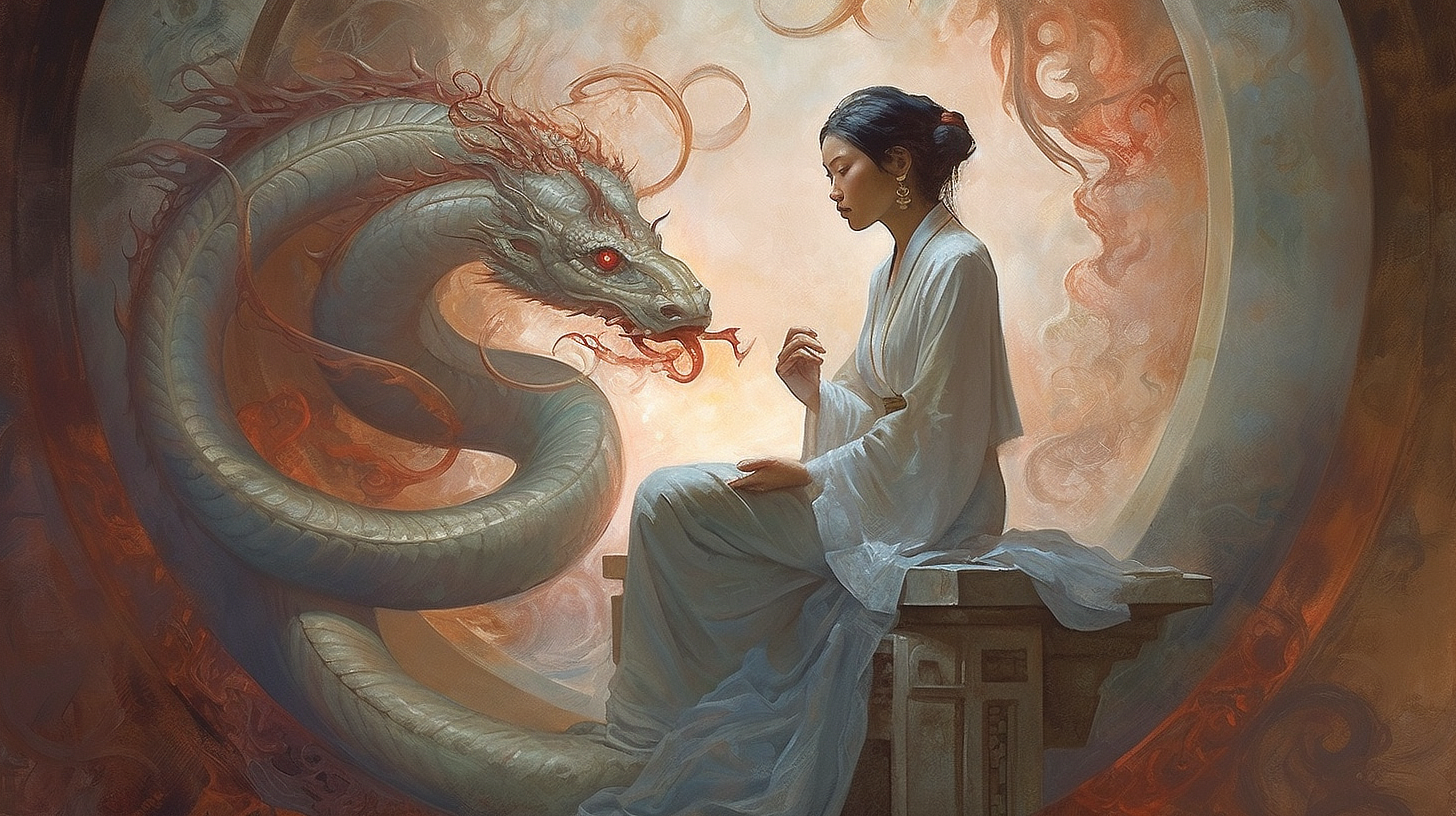 a woman sitting on a ledge with a dragon in her mouth