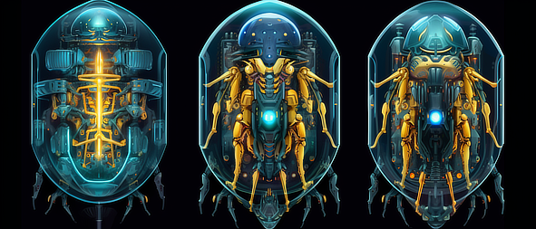 a robot in a blue and yellow glass