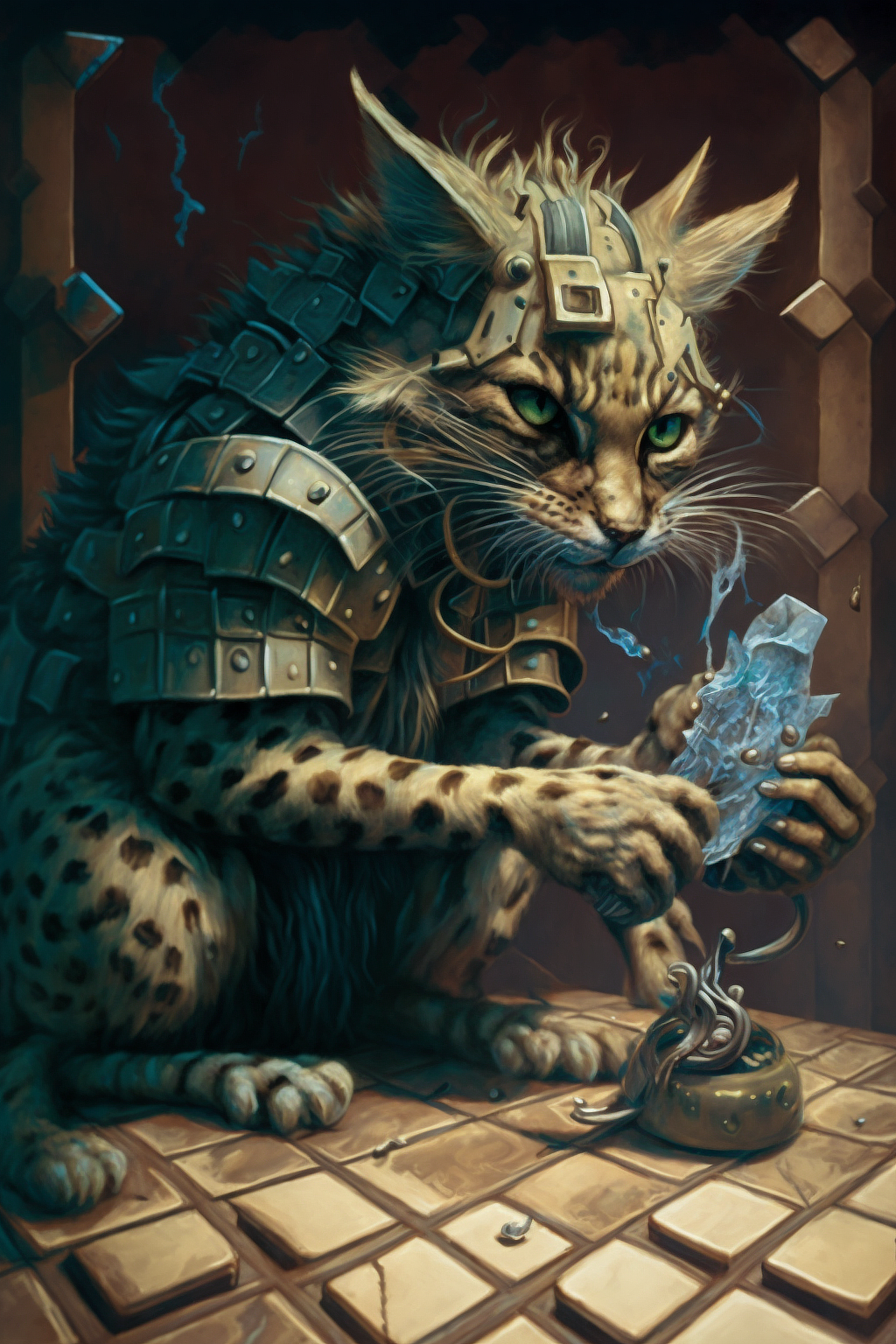 a cat wearing armor and holding a piece of ice