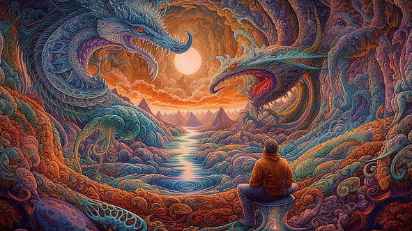 a man sitting on a chair looking at a dragon