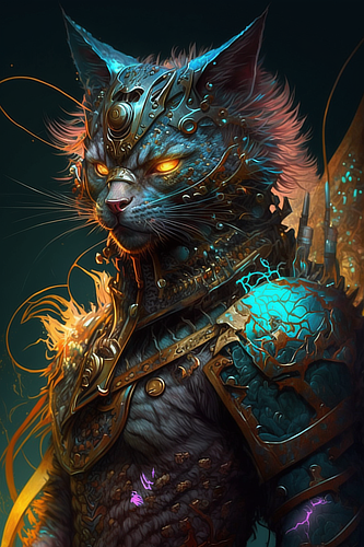 a cat in armor with glowing eyes