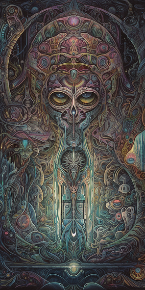 a colorful artwork with a face and eyes