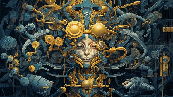 a artwork of a woman with a large metal structure