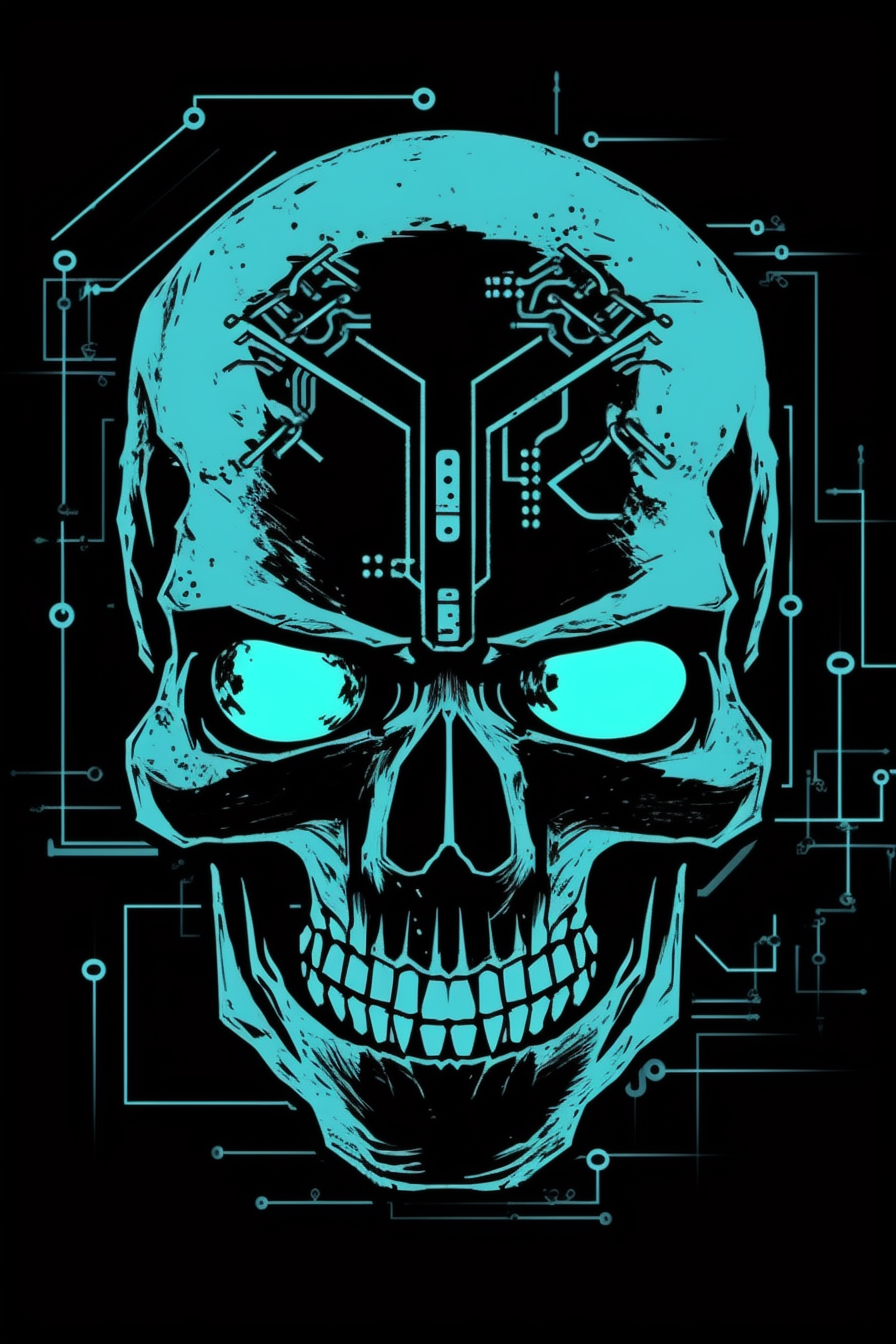 a skull with circuit board and light blue lights