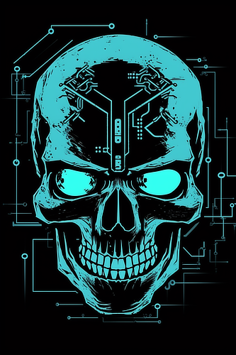 a skull with circuit board and light blue lights