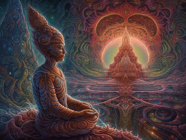 a painting of a person sitting in a meditation pose