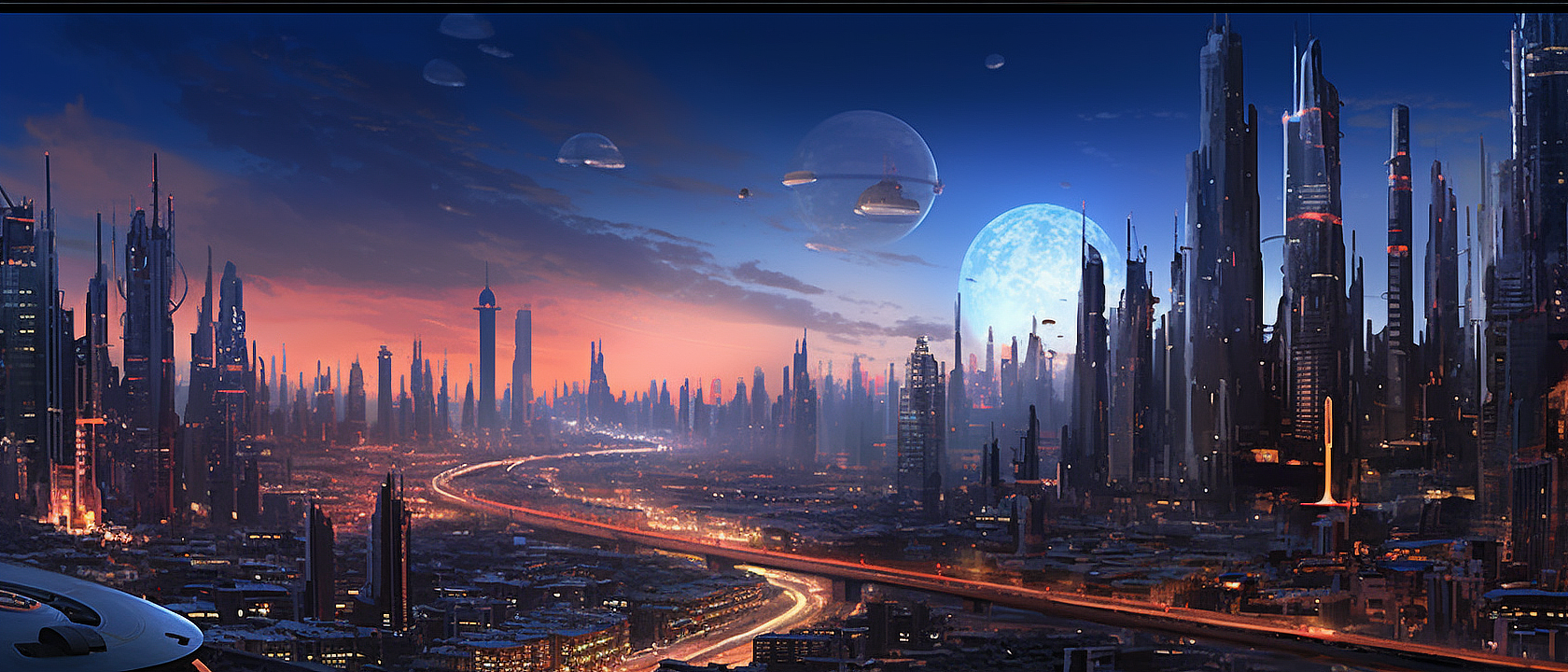 a city with a road and a large moon