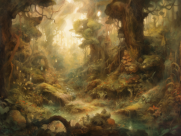 a painting of a forest with trees and plants