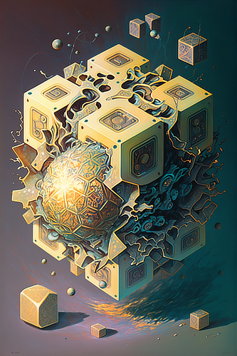 a computer generated artwork of a yellow cube with a round object