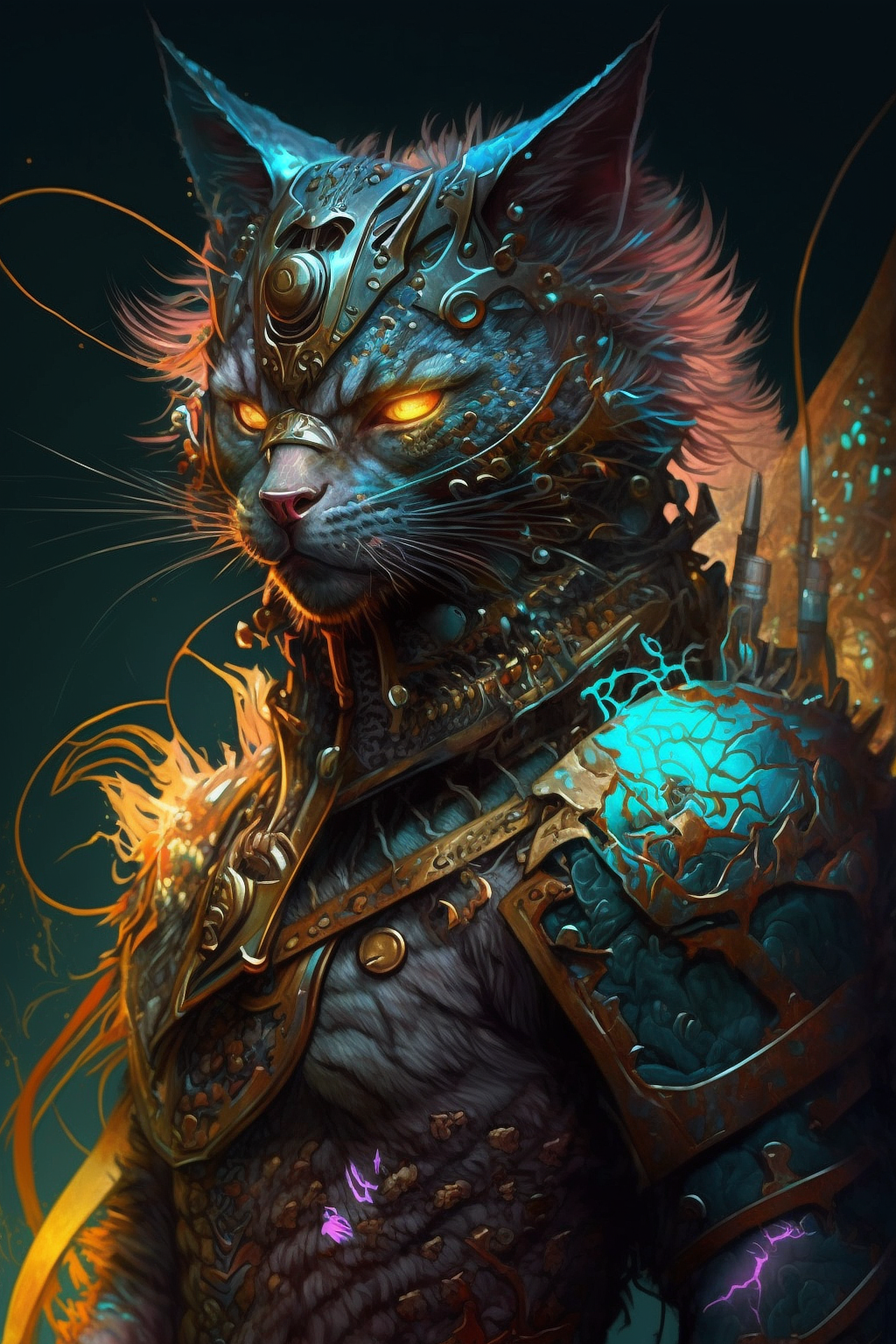 a cat in armor with glowing eyes