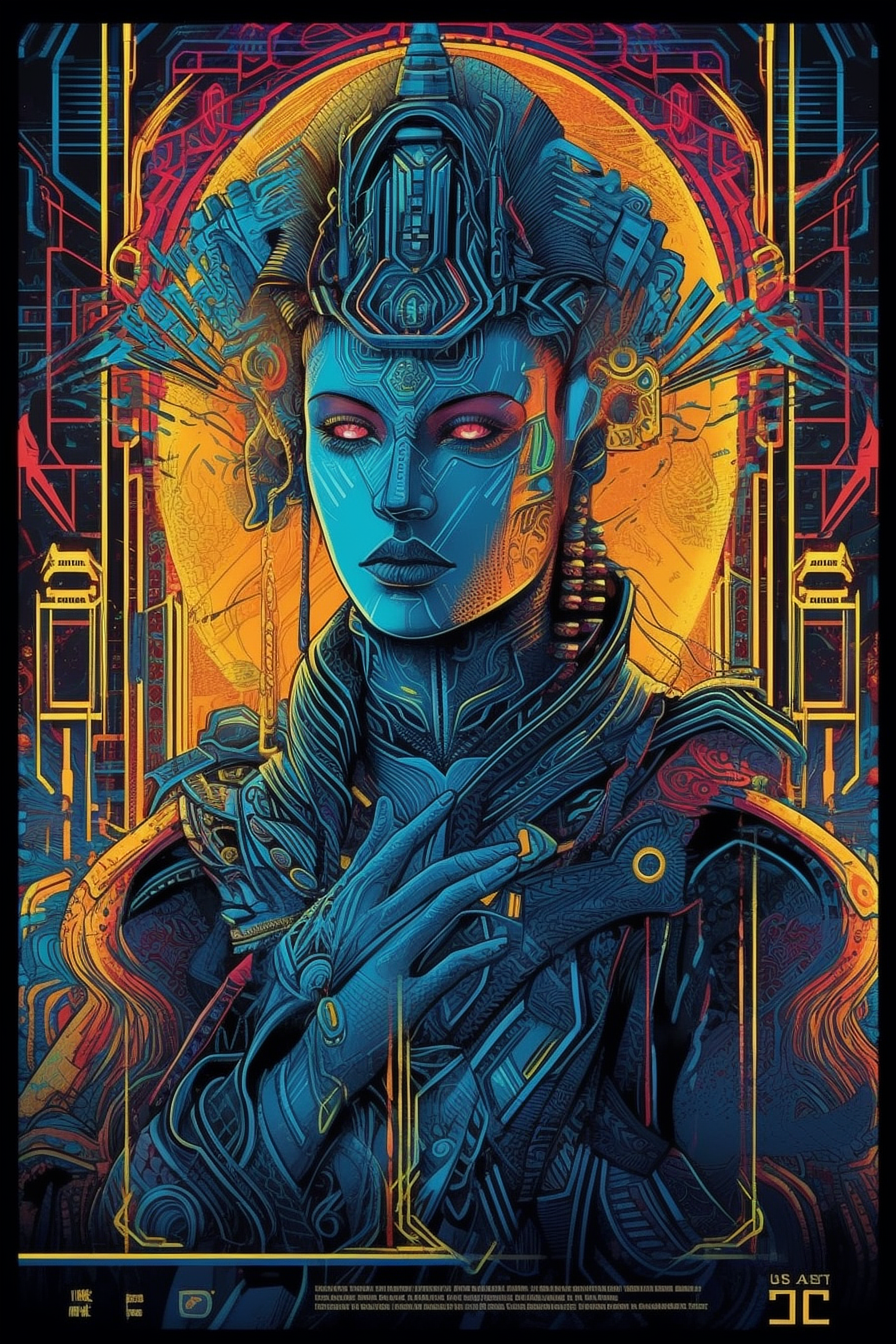 a woman with a blue face and a yellow circle