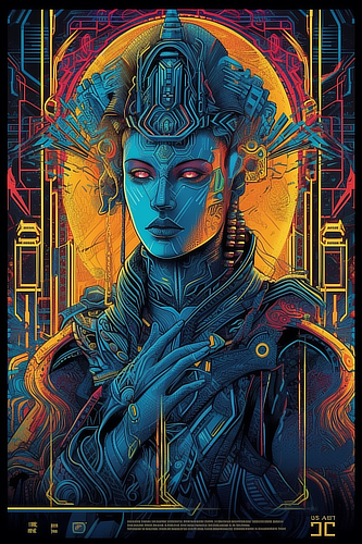 a woman with a blue face and a yellow circle