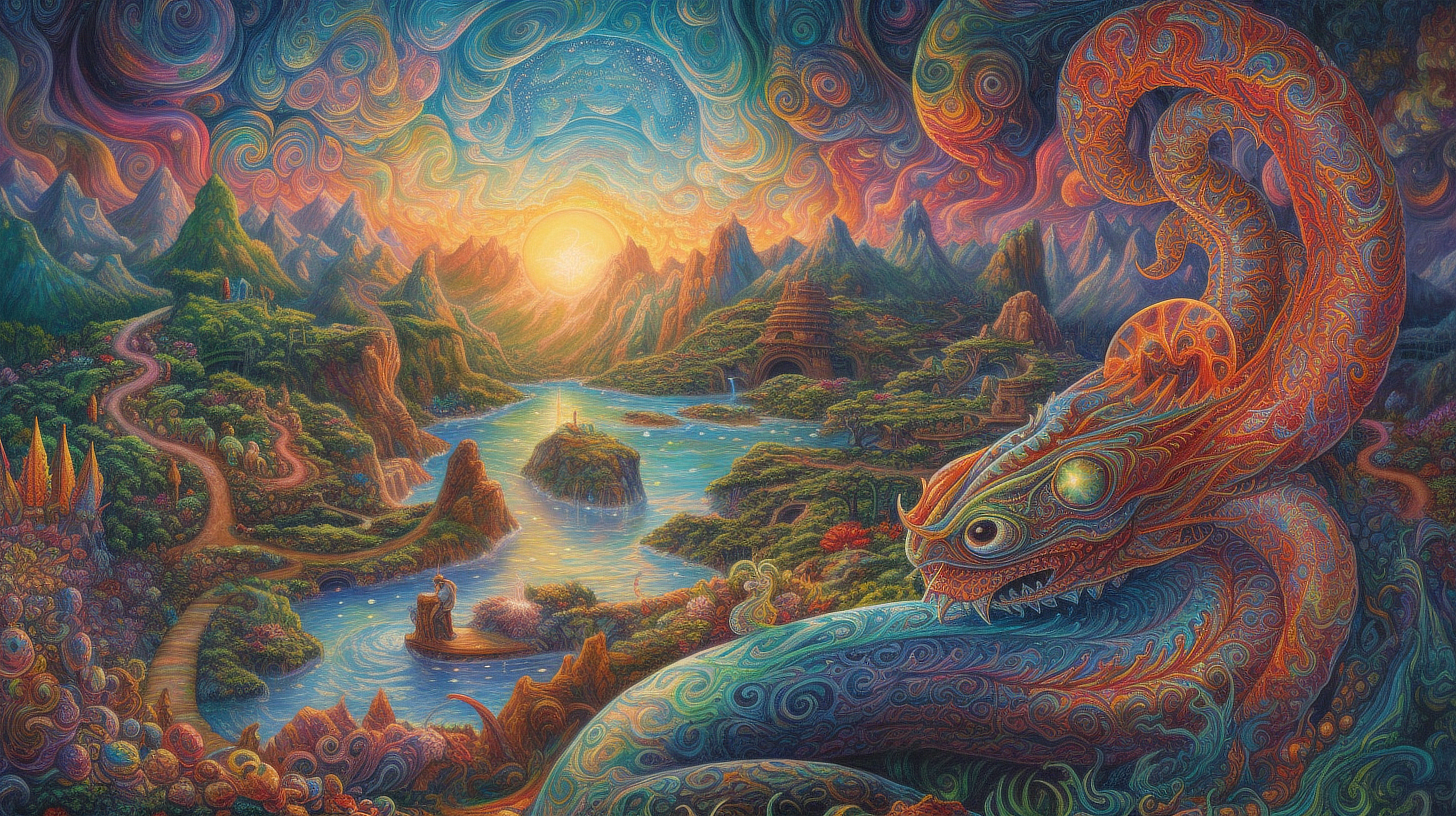 a colorful artwork of a dragon and a river