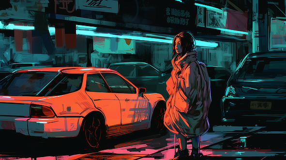 a woman standing on a sidewalk next to a car