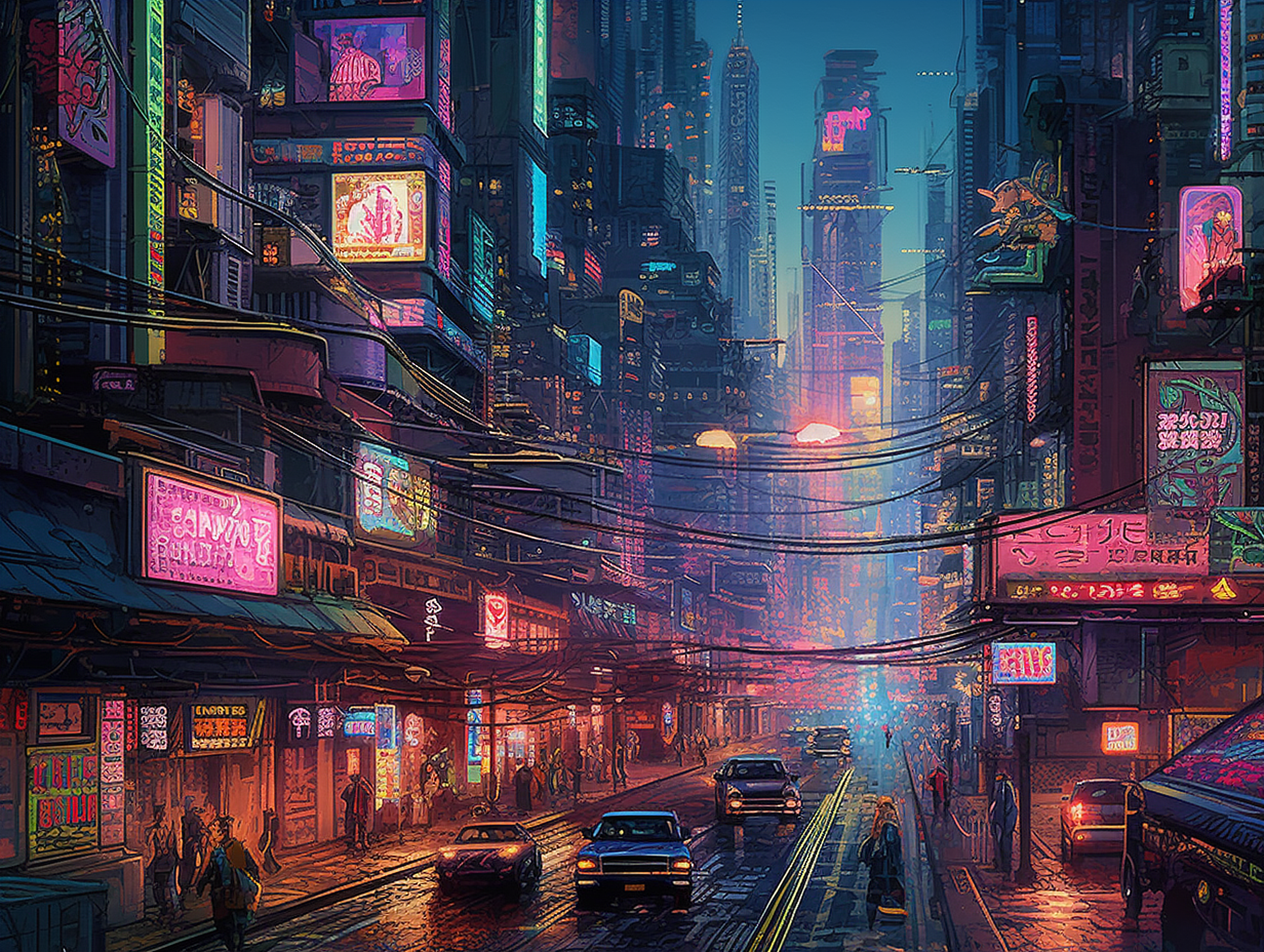 a city street with cars and neon signs