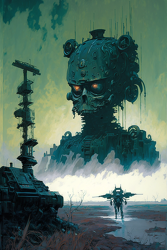 a robot with a large head and a machine in the background