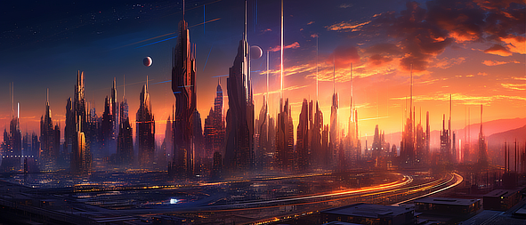 a city skyline with a sunset behind it