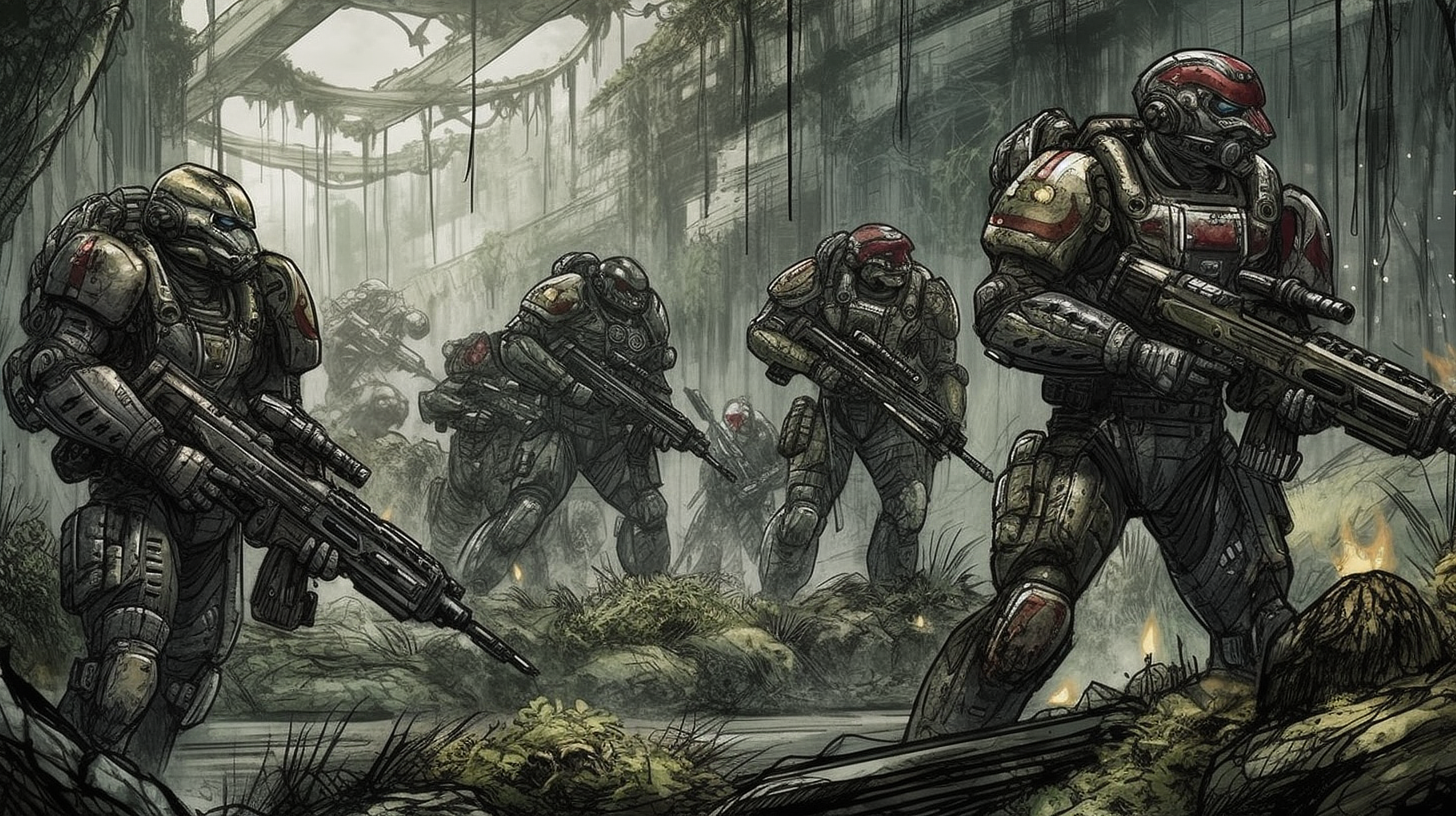 a group of people in military uniforms with guns