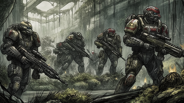 a group of people in military uniforms with guns