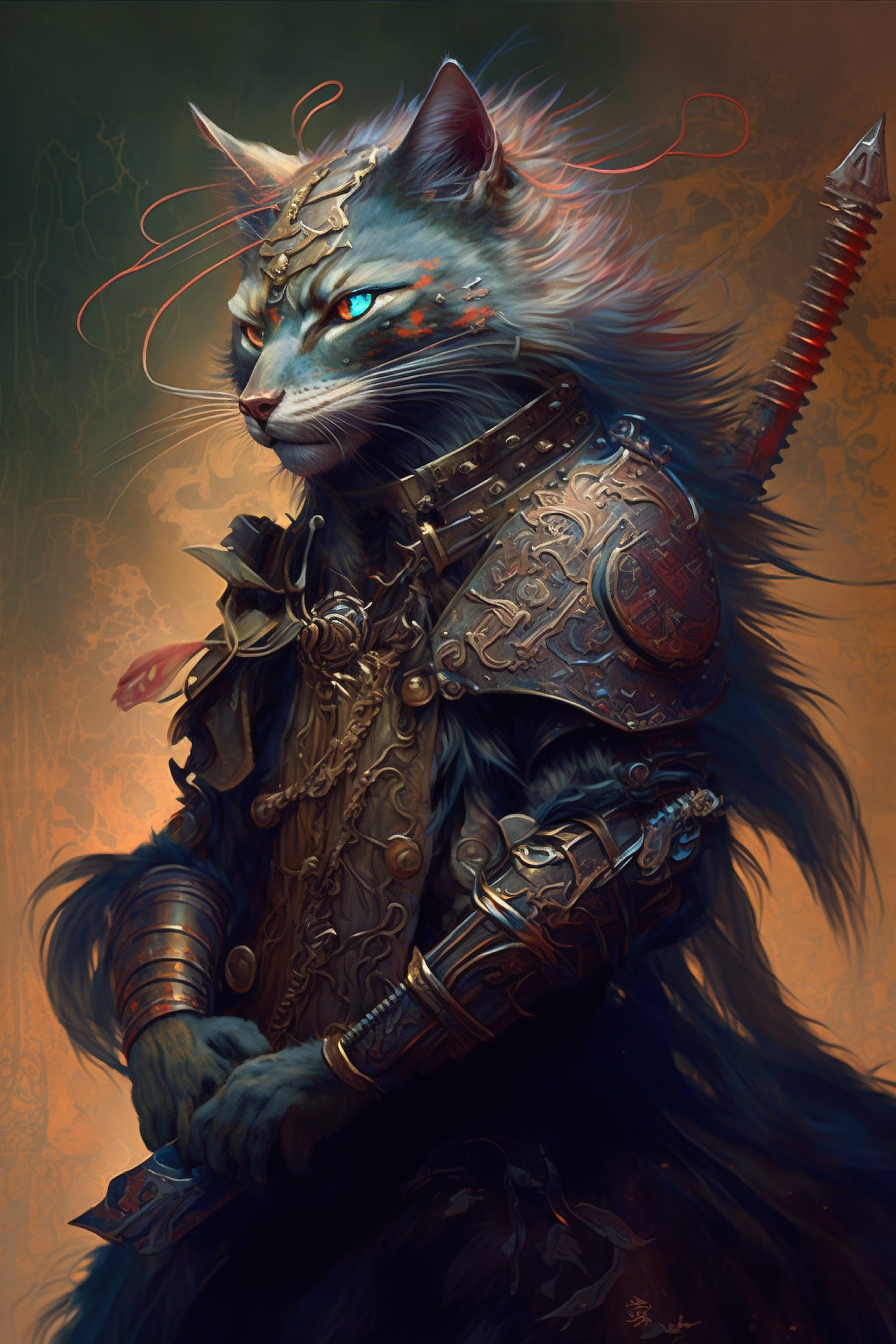 a cat in armor with sword