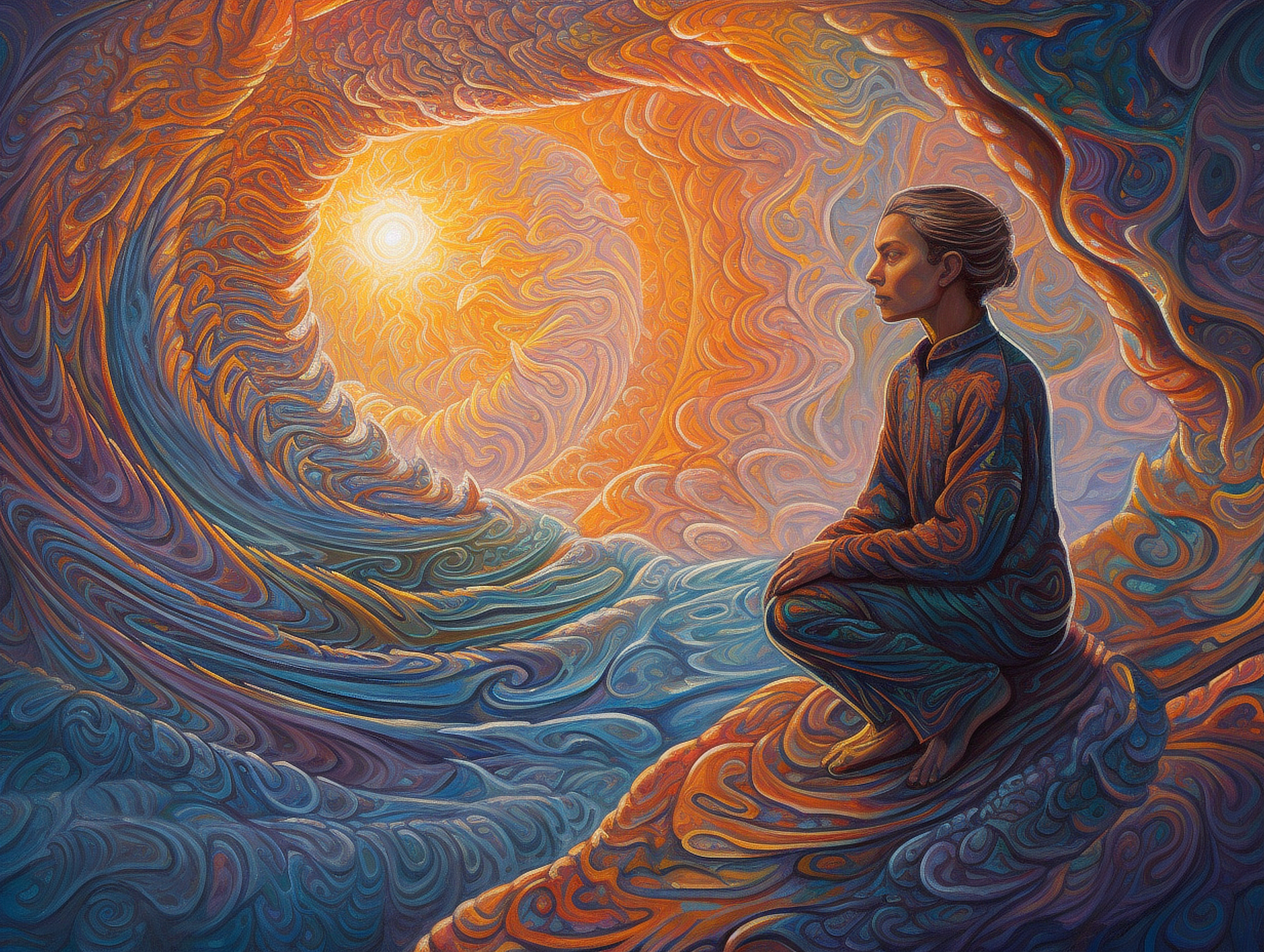 a painting of a woman sitting on a rock