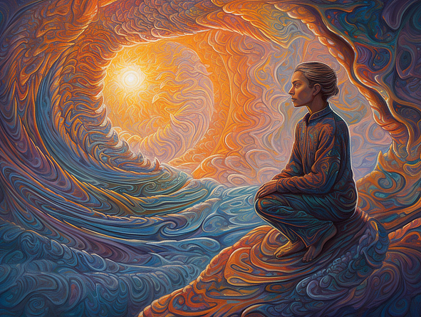 a painting of a woman sitting on a rock