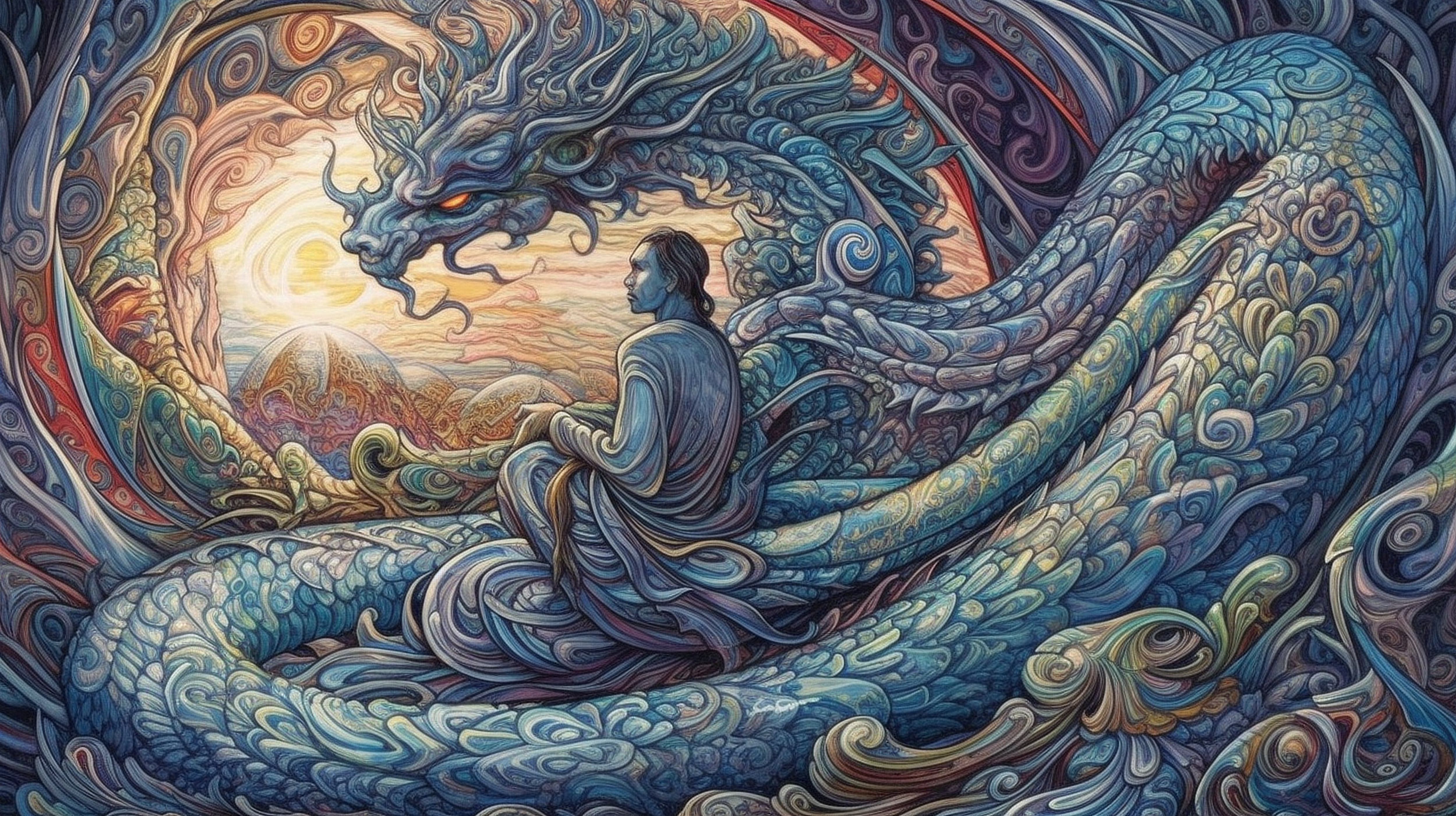 a man sitting on a dragon