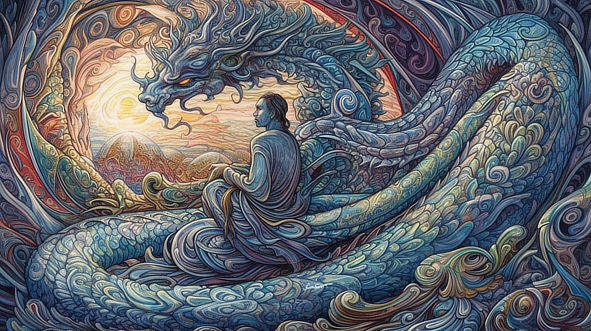 a man sitting on a dragon