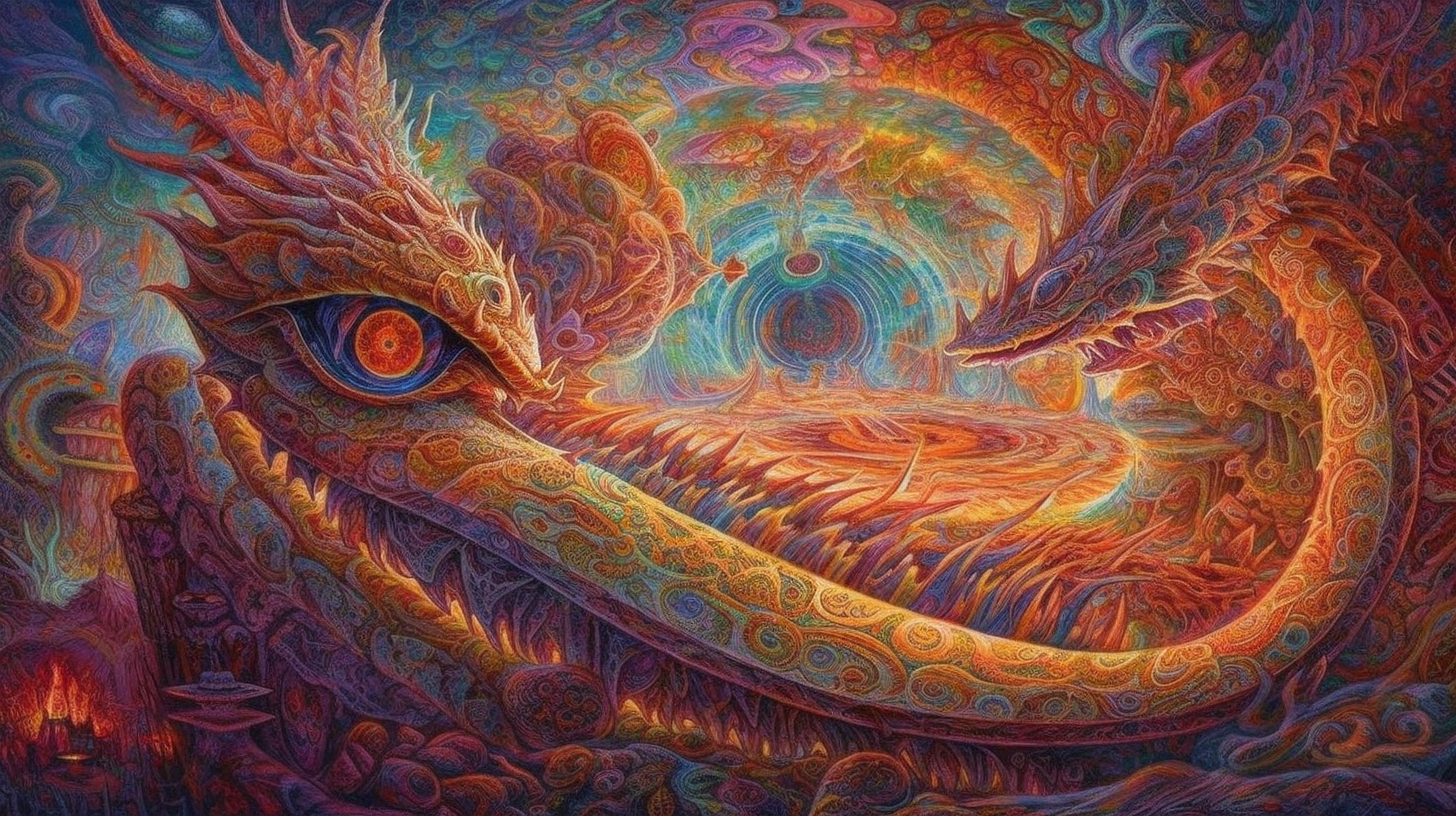 a colorful artwork with a dragon head