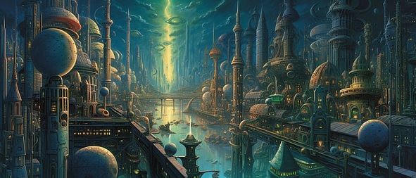 a city with many towers and buildings and a river