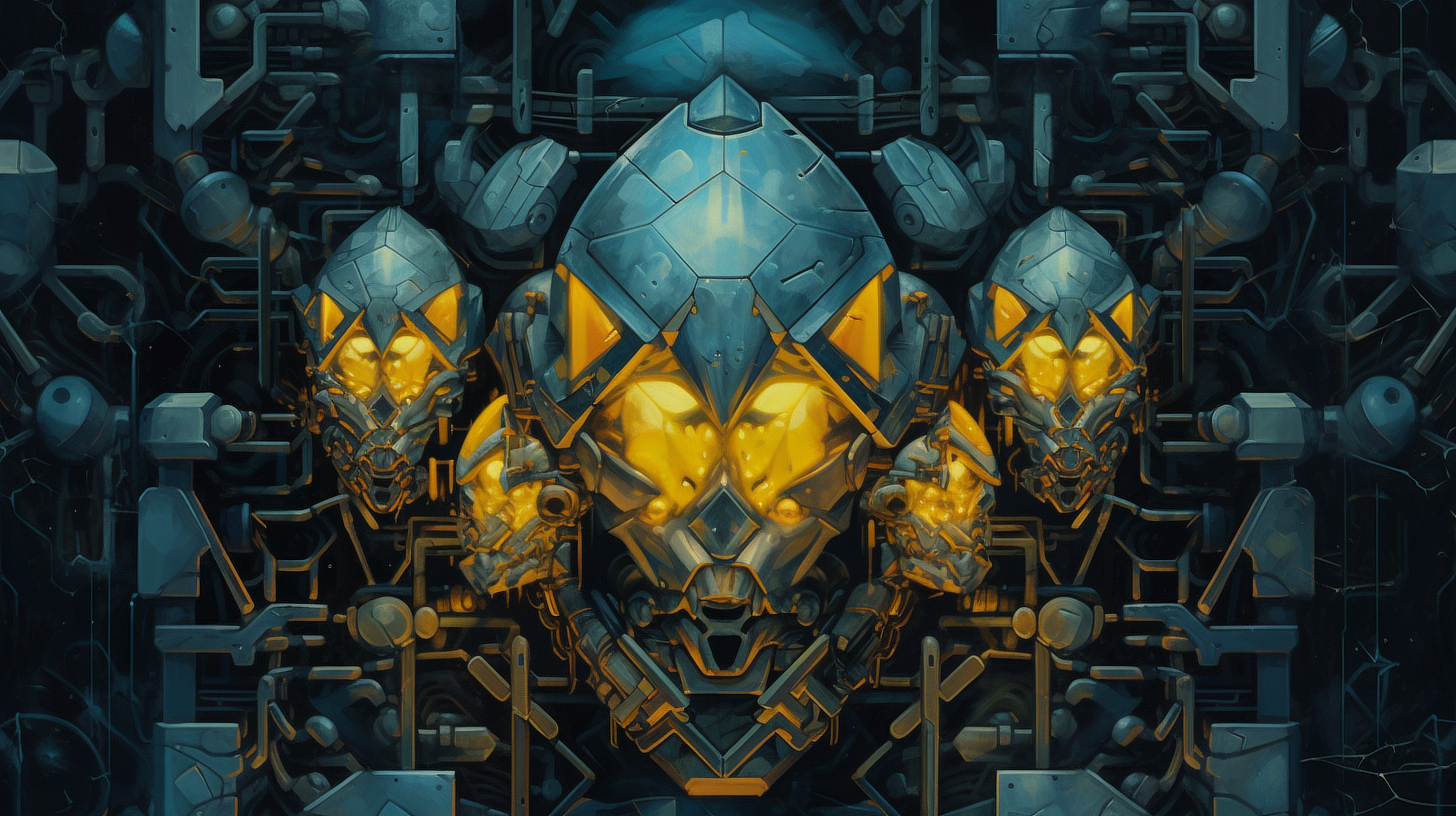 a group of metal robots with glowing yellow lights