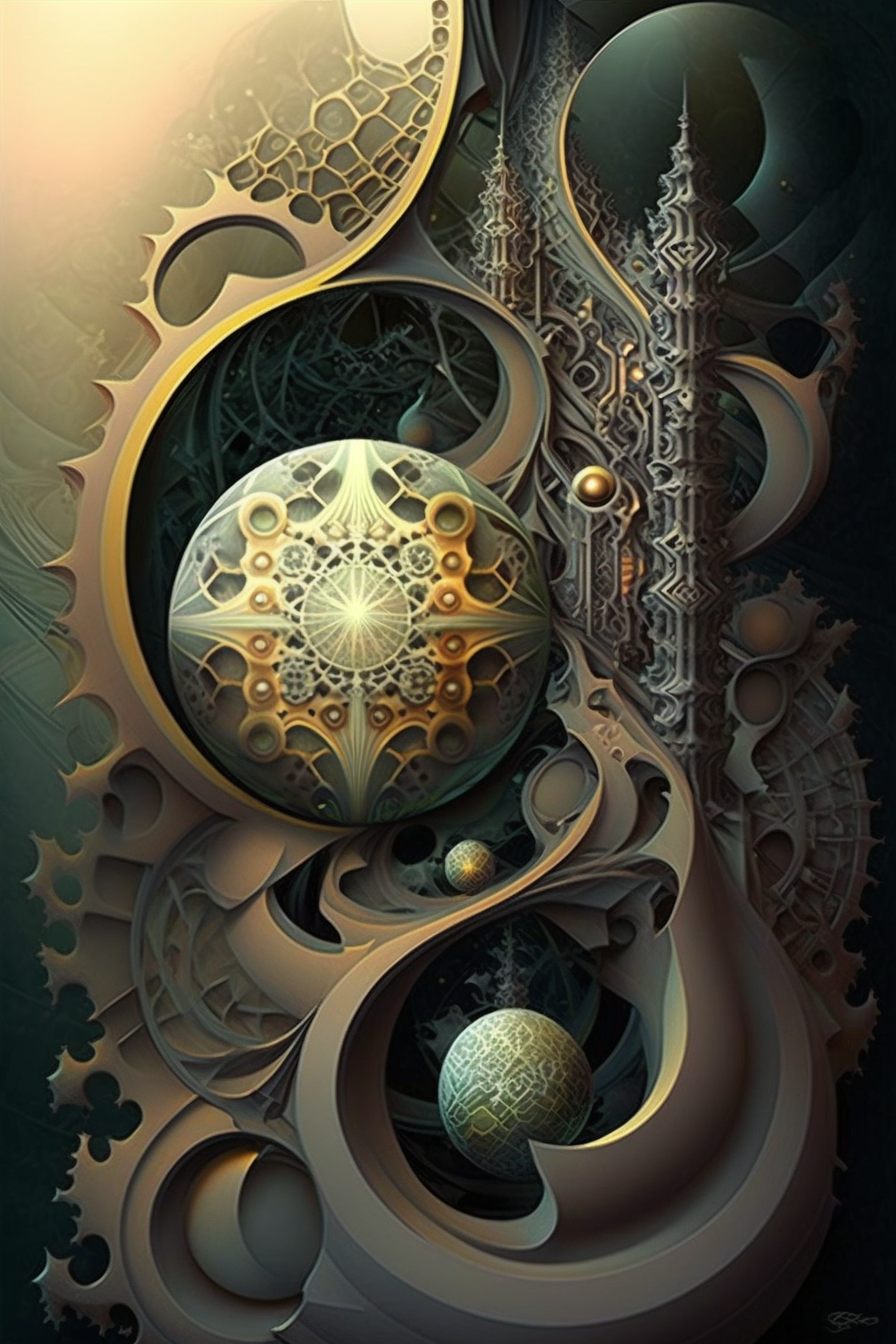 a computer generated artwork of a metal structure with balls and a metal structure