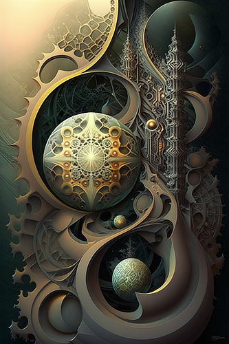 a computer generated artwork of a metal structure with balls and a metal structure