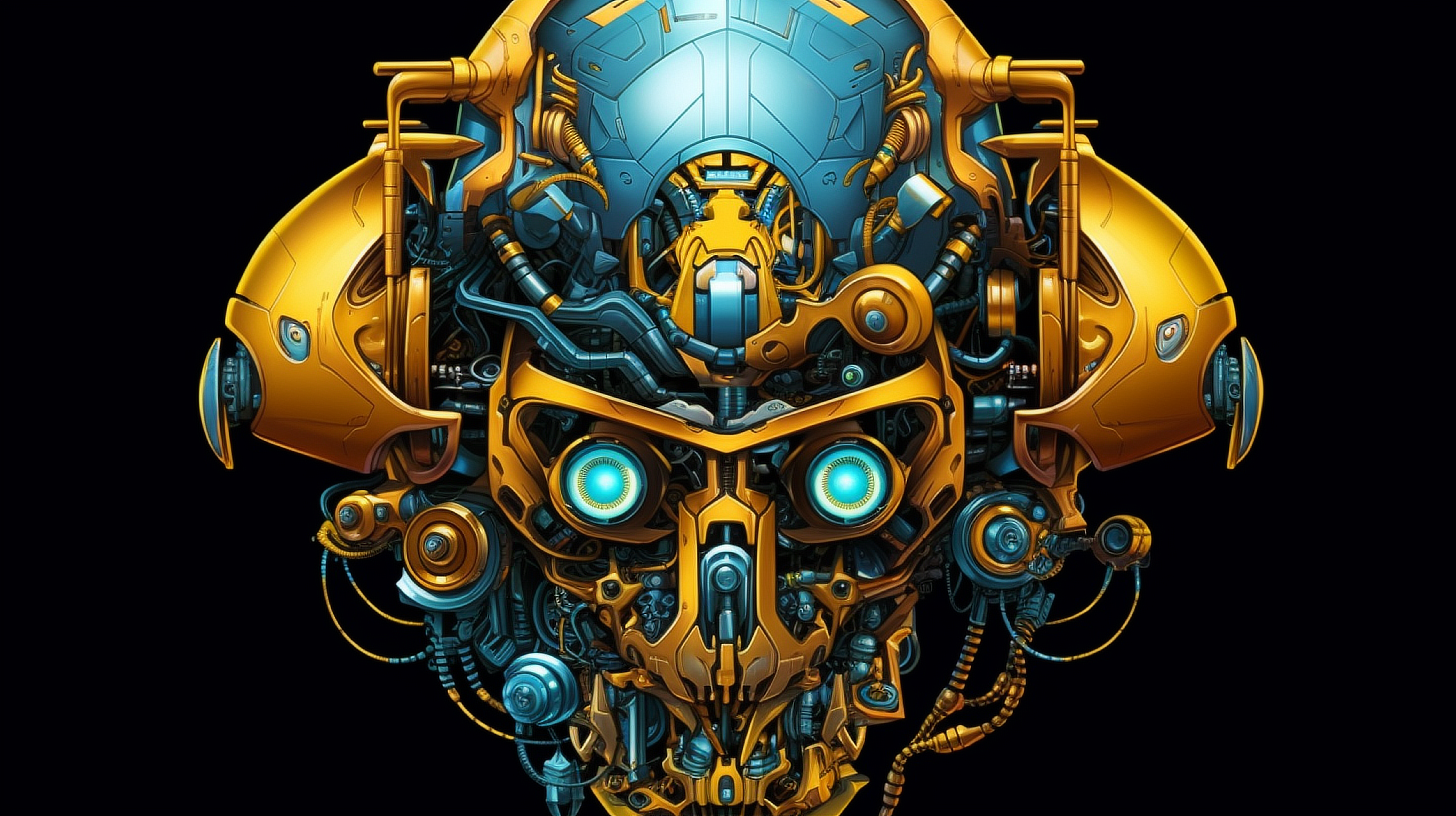 a robot head with blue eyes and yellow metal parts