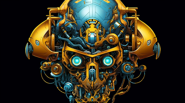 a robot head with blue eyes and yellow metal parts