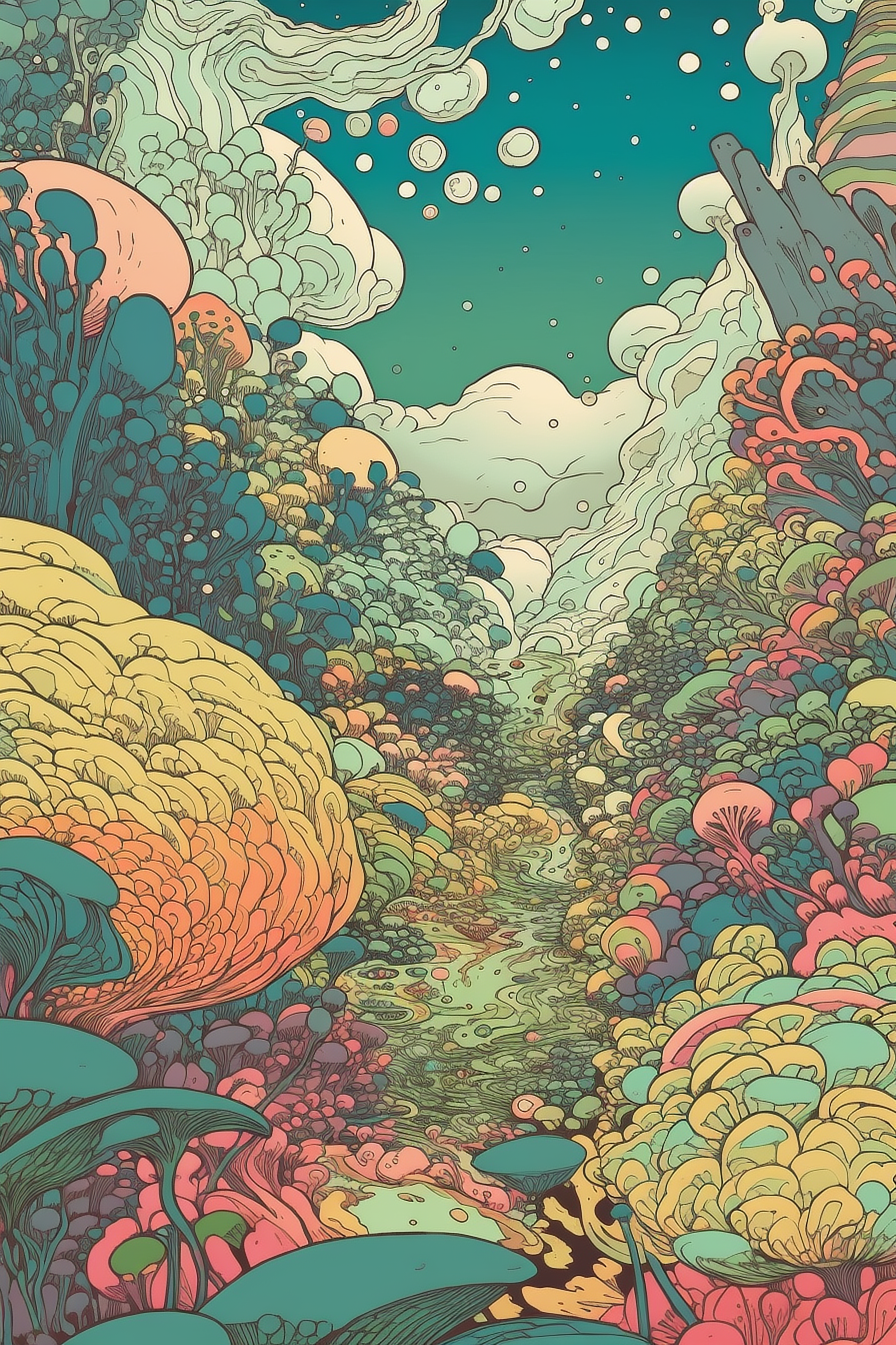 a colorful landscape with trees and clouds