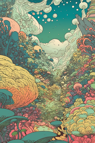 a colorful landscape with trees and clouds