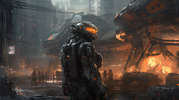 a person in a suit standing next to a large machine