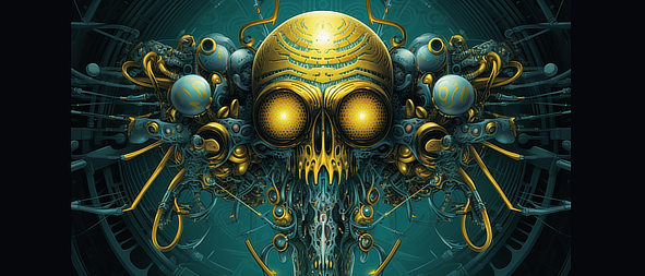 a yellow and blue skull with many round yellow eyes