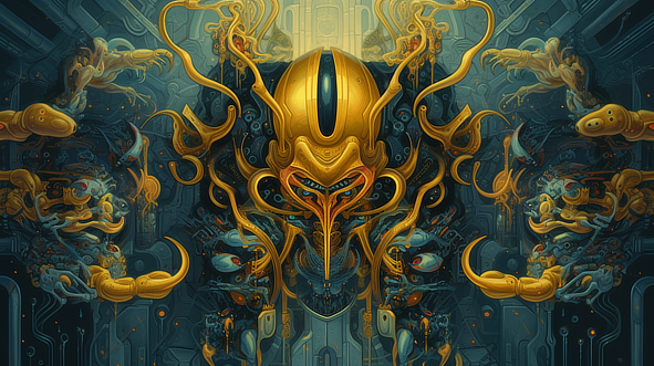 a yellow and black robot with a gold head